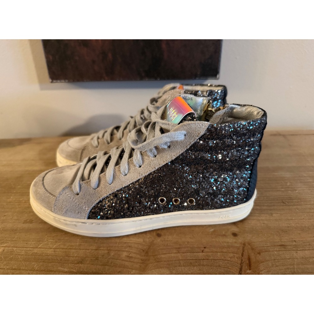P448 Skate High Top Sneakers Grey Suede Black Glitter Python Zip Shoes 6.5